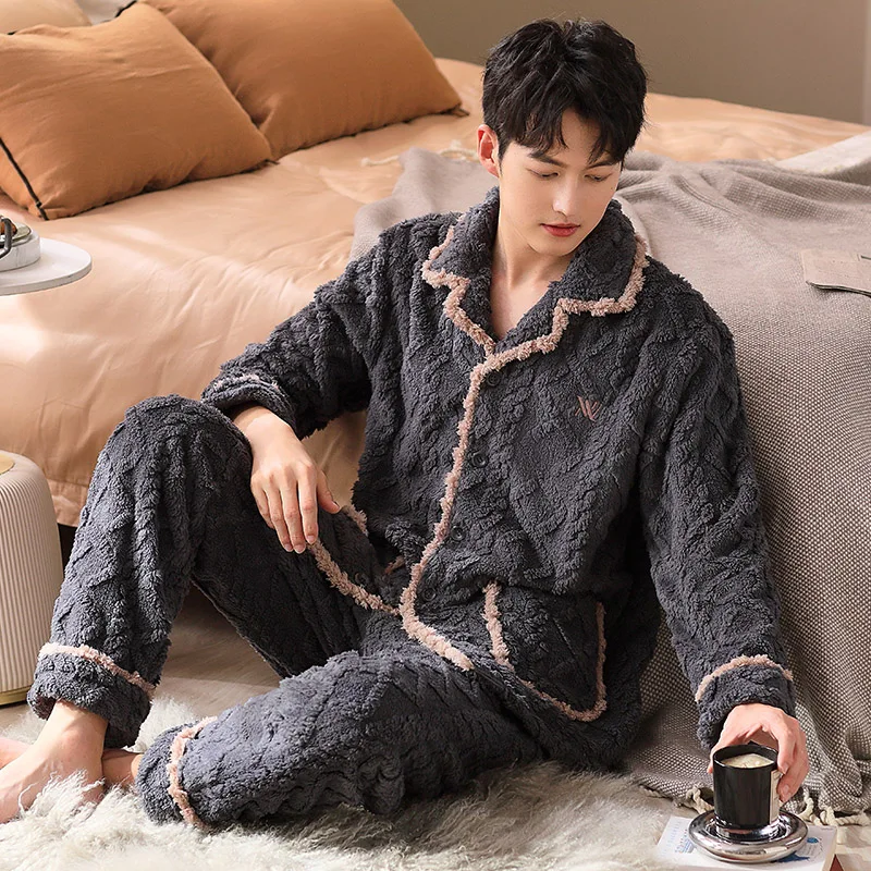 

Men's Pajamas Autumn Winter Long Sleeve Sleepwear Plush Velvet Cardigan Pyjamas Male Lounge Pajama Sets Big Yards M-XXXL Pijamas