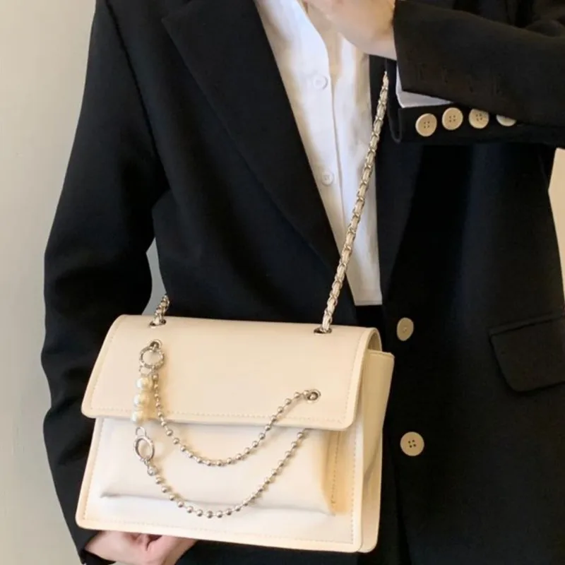 JIAERDI Solid Color Beaded Chain Handbag Women Leather Large Capacity Shoulder Bag Ladies Fashion Versatile Commute Tote Bag New