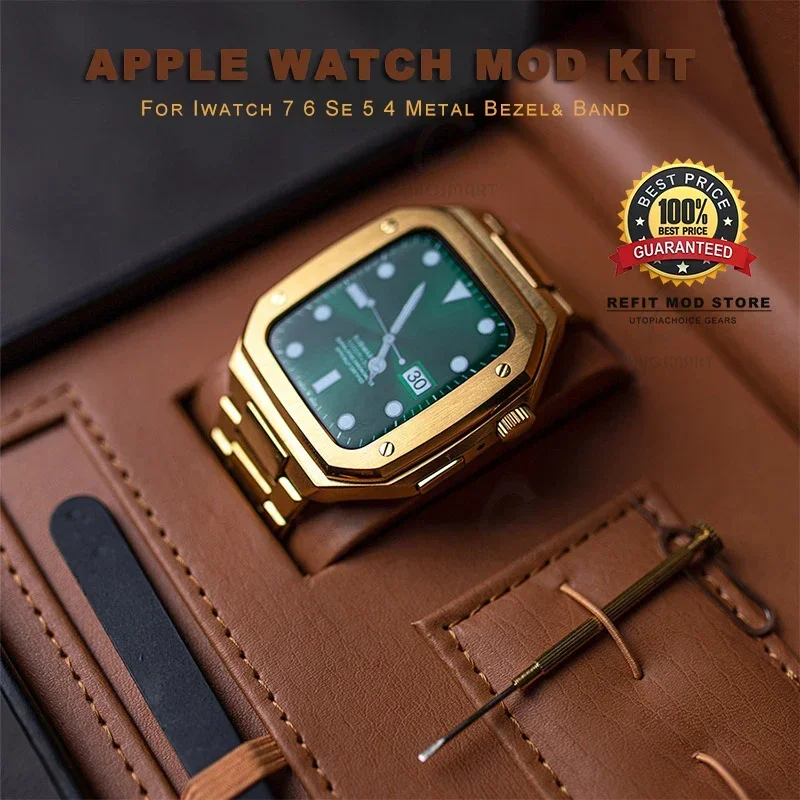 Apple Watch 8 7 6 5 밴드용 고급 스테인리스 스틸 케이스, 금속 스트랩, IWatch 42mm 44mm 45mm 고무 시계 밴드
