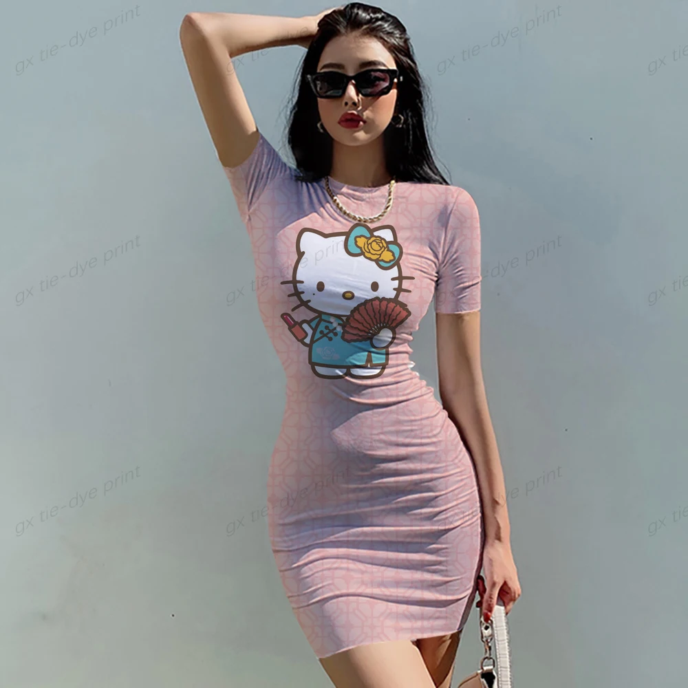 Nuovo Temperamento Coreano Delle Donne Estive Hello Kitty Print Dress Sezione A Maniche Corte In Vita Stretto Sexy Bag Hip Dress