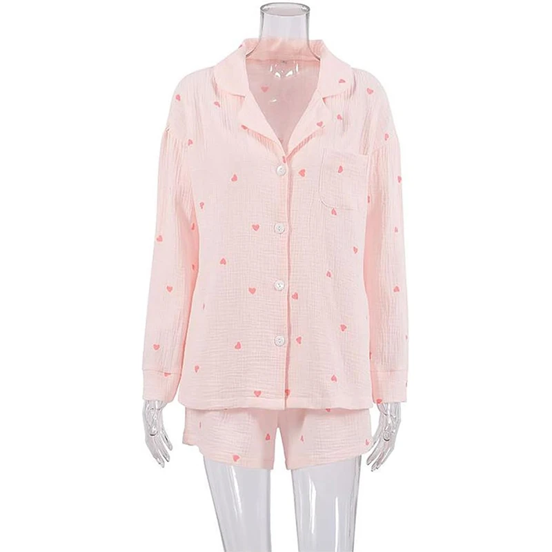 2024 Women Fashion Pajamas Sets Summer Cotton Casual Loose Single Breasted 2 Pieses Shorts Set Women's Long Sleeved Shirt Suits