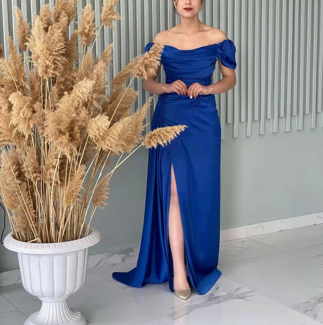 

Off Shulder Mermaid Evening Dresses Long Satin فساتين السهرة Royal Blue Prom Dresses Formal Party Gown with Slit for Women