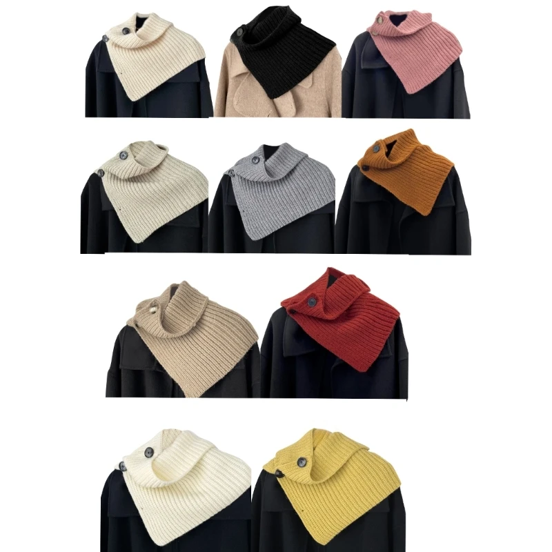 

Women Rib Knit Turtleneck Faux Collar Button Triangular Circle Scarf Neck Warmer