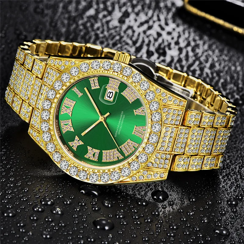 1pc / lot Original Brand Men Golden Watches Hip Hop Diamond Luxury Alloy Band Fashion Date Quartz Watch Relogios Masculinos 2025