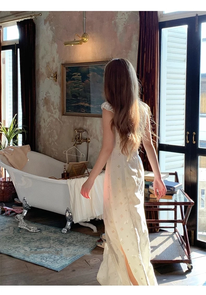 New Summer Hollow Out Midi Dress Women V-neck Vocation French Style White Dress Elegant Casual Korean Fashion Slim Vestidos 2025