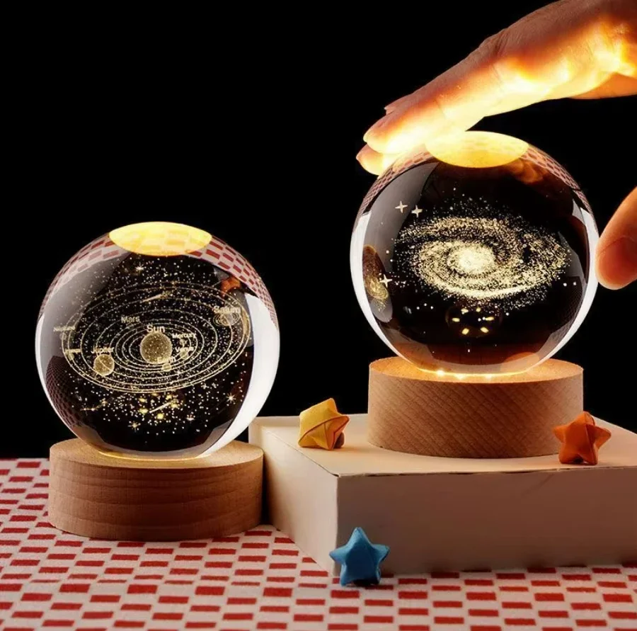 3D Galaxy Crystal Ball USB Moon LED Night Lights Wooden Base Glass Sphere Lamp Christmas Decorations Home Ornament Birthday Gift