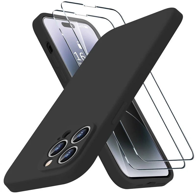 

Чехол из жидкого силикона для iPhone 14 Pro Max, ударопрочный чехол премиум класса с бархатистым покрытием и закаленным стеклом HD 2 шт. для защиты камеры