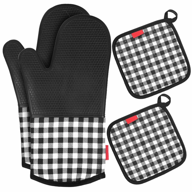 Silicone Oven Mitts And Pot Holders Sets, Extra Long Heat Resistant Oven  Gloves With Honeycomb Hot Pads And Mini Oven Mittens For Grilling, Kitchen  Baking Cooking, Soft Quilted Liner, Gray, Kitchen Supplies 