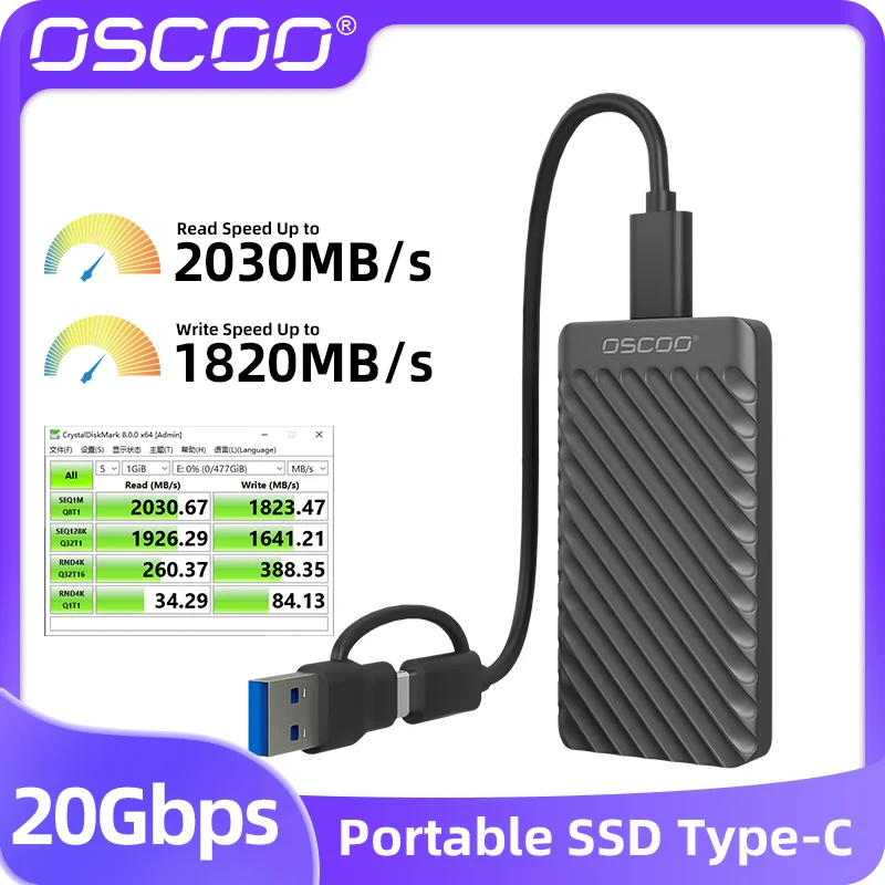 OSCOO 외장 SSD MD006 USB3.2 Gen2*2 타입 C 고속 SSD 20Gbps 미니 휴대용 솔리드 스테이트 드라이브 PSSD 노트북 및 데스크탑용