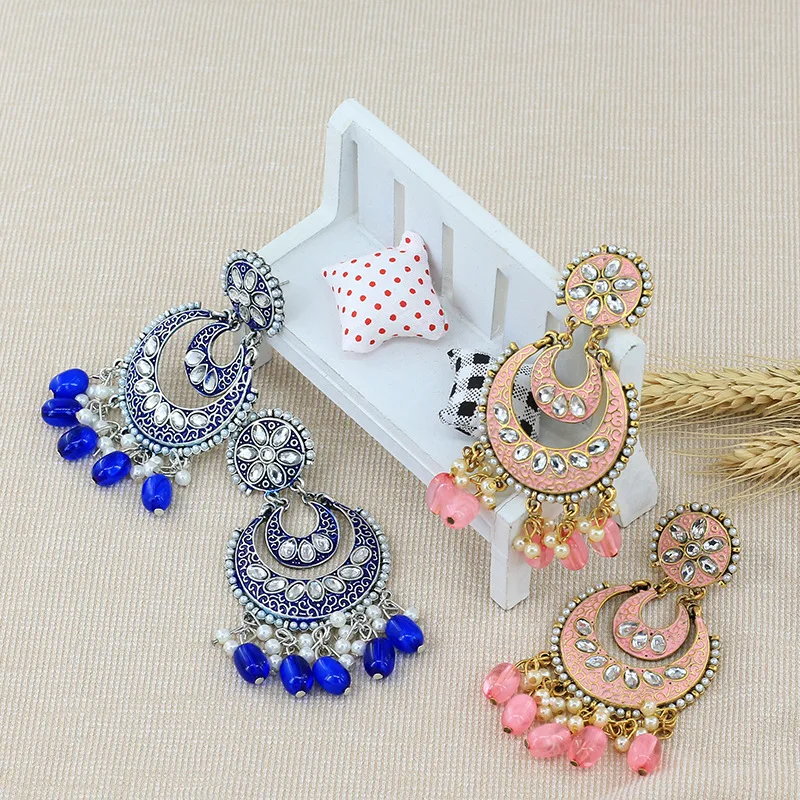 Women's Ethnic Pink Blue Indian Jewelry Earrings Crescent
