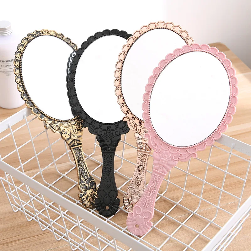 1Pcs 휴대용 빈티지 메이크업 거울 손 잡아 타원형 라운드 거울 고귀한 복원 고대 방법 법원 거울 아름다움 도구