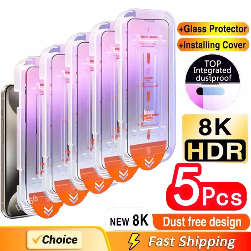 5Pcs Oleophobic Coating Dust Free Easy Installation Screen Protector For iPhone 15 14 11 13 12 16 Pro Max XS XR 15 16 Plus Glass 1