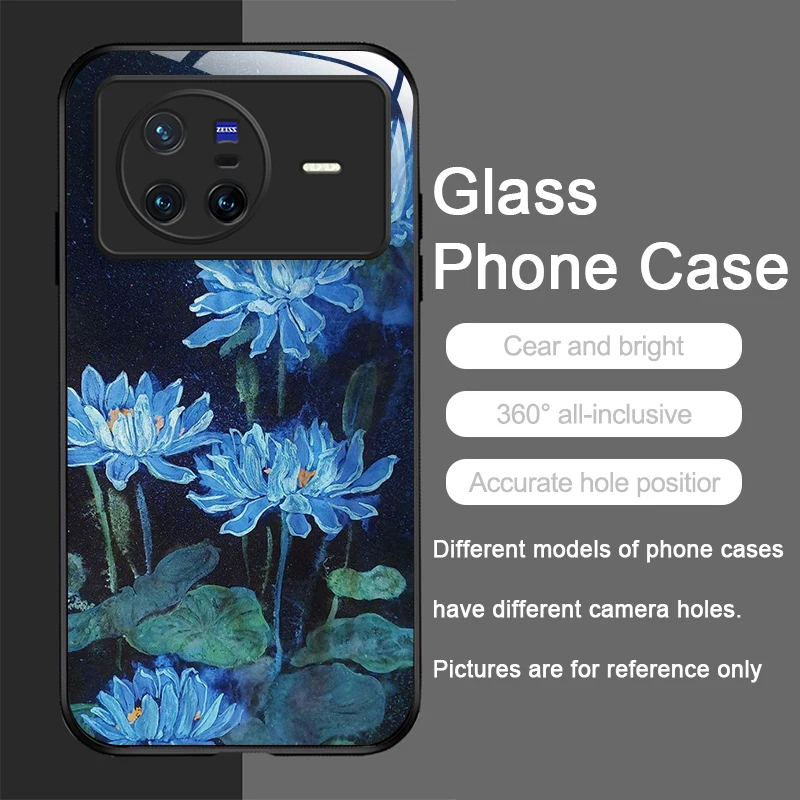 Vintage Lotus Flower Pattern Tempered Glass Phone Case - Artistic Oil Painting Design, Ultra-Durable Hard Cover