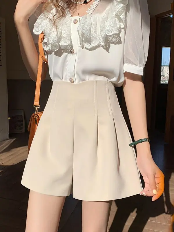 

Women Solid Folds Shorts Casual Chic Shorts Women Office Ladies Loose High Waisted Shorts 2023 New Winter Autumn