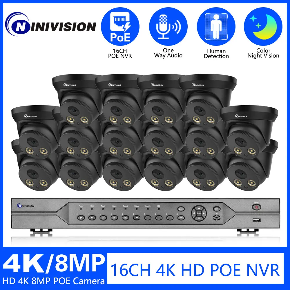 

NINIVISION 8MP 4K POE Security Cameras System 16CH NVR Kit IP Camera Color NightVision Outdoor Audio Video Recorder Surveillance