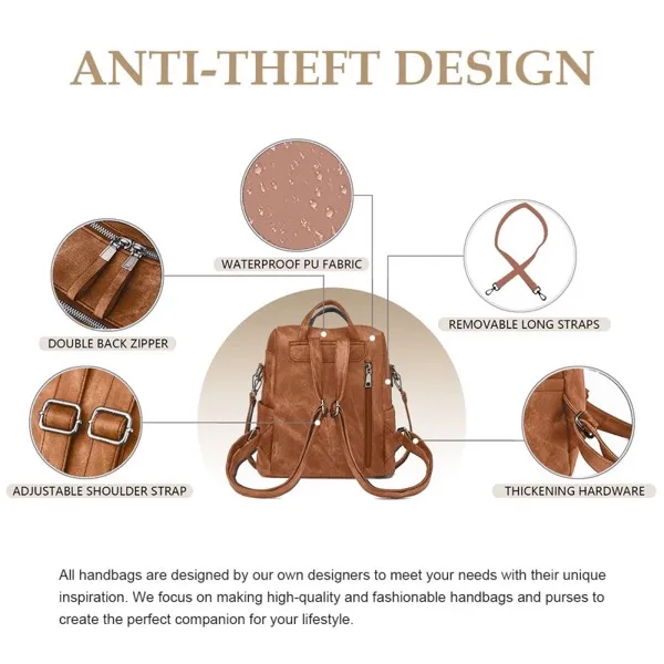 女士背包、钱包，防水PU皮革背包、手袋，女士休闲肩袋，棕色（周末不发货）-13