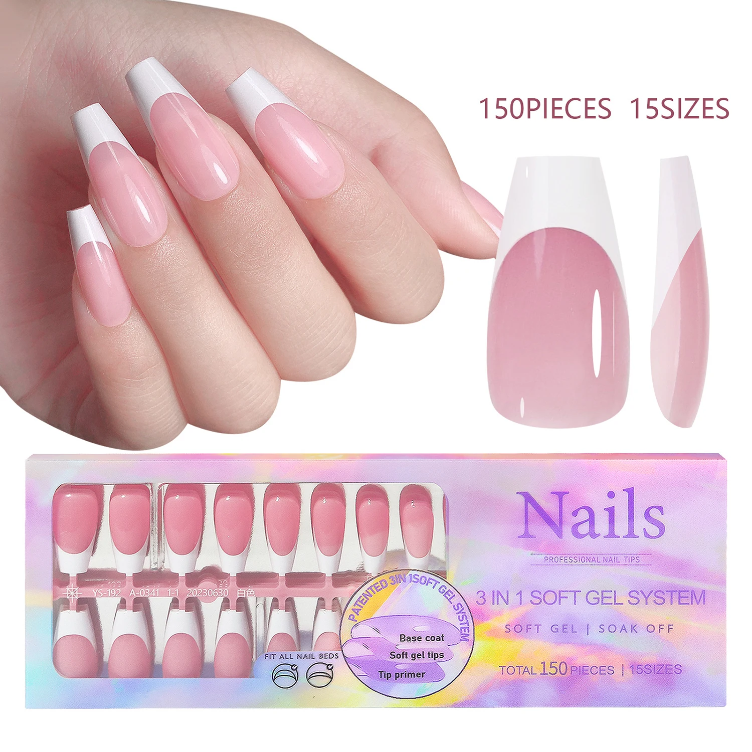 

150pcs Glossy Pink French Tips Press on Fake Nail White Smile Line Soft Gel Almond Coffin Nail Tips Ultra Fit Woman Nail Bed