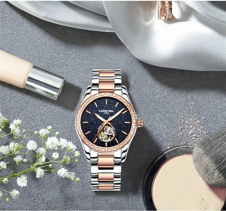 CARNIVAL Luxus Automatische Mechanische Frauen Uhren Mode Diamant Damen Starry Sky Uhr Wasserdichte Weibliche Uhr Für Geschenk_voghion.com