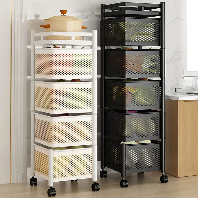 

Stainless Steel Black White Swivel Kitchen Rack Floor Trolley Storage Rack Fruit Vegetables