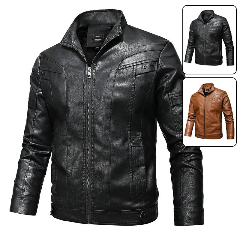 

Мужская однотонная приталенная мотоциклетная куртка, повседневная куртка на молнии с длинным рукавом и воротником-стойкой, весна-осень 2023