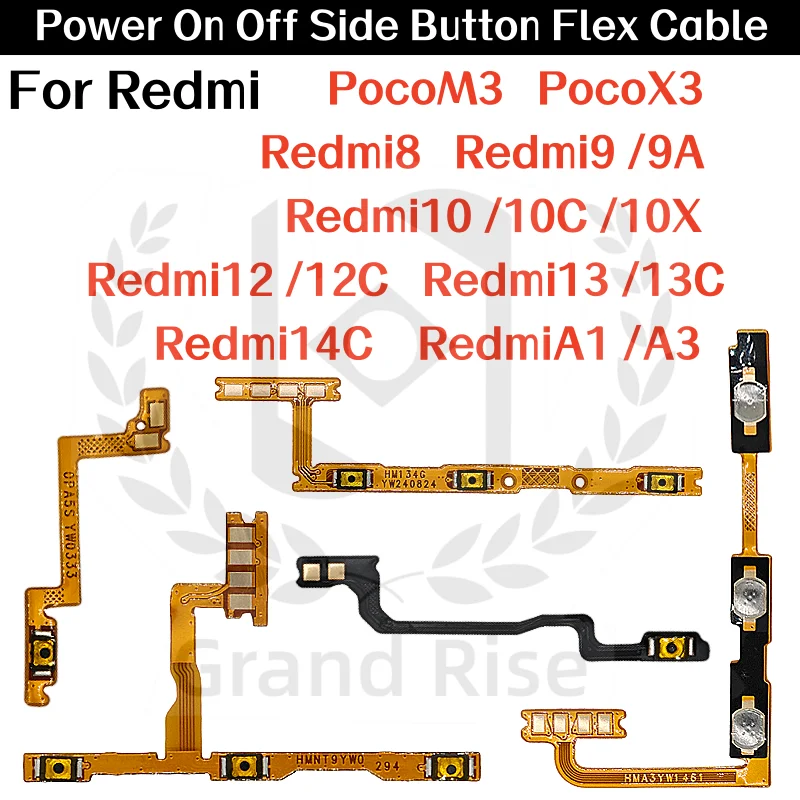 Power On Off Volume Side Button Flex Cable for PocoM3 X3 Redmi8 Redmi9 9A Redmi10 10C 10X Redmi12C Redmi13 C Redmi14C RedmiA1 A3
