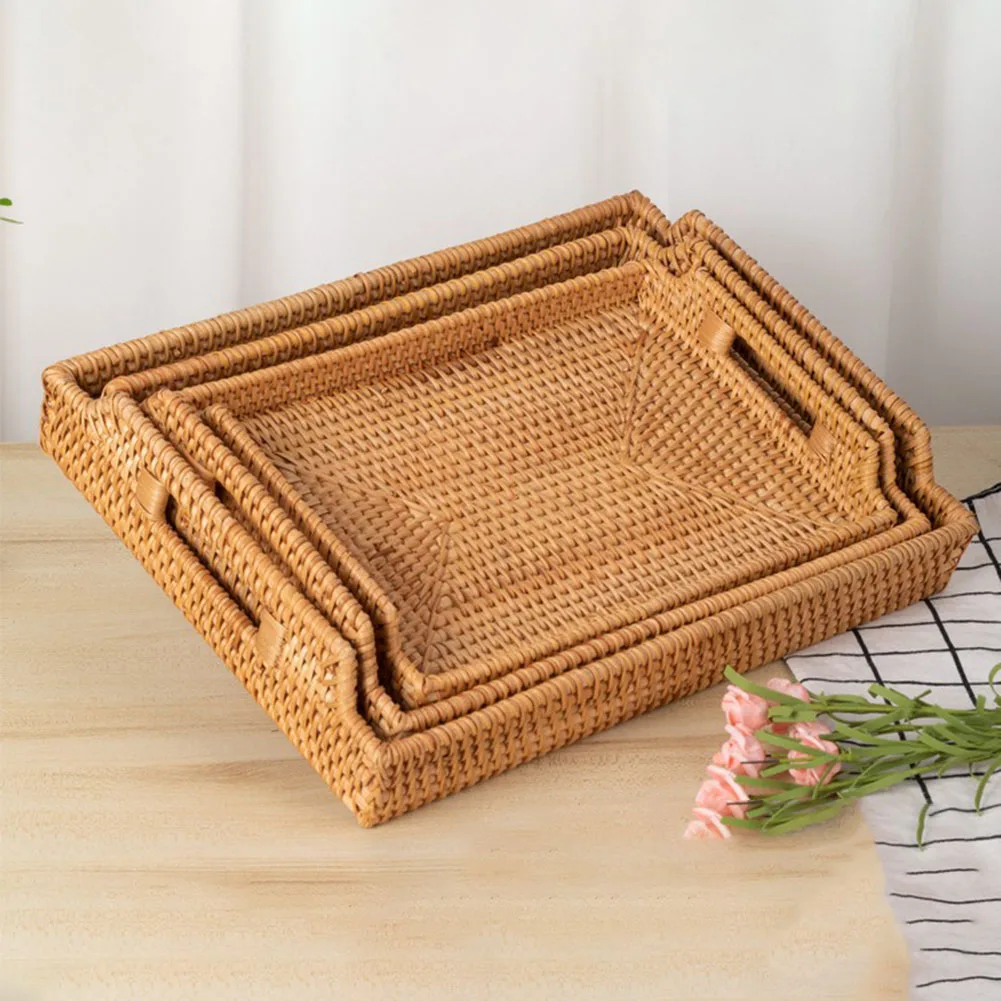 

Rattan Serving Tray Kitchen Rectangle Tea Tray Woven Fruit Bread Treats Basket Tabletop Organizers Home Kitchen Storage
