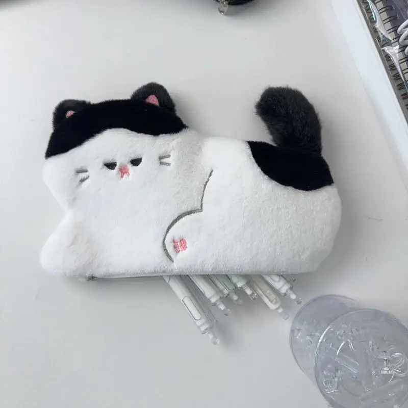 귀여운 고양이 모양의 부드러운 촉감의 가벼운 대용량 문구 수납 펜 케이스, 다용도 수납 가능
