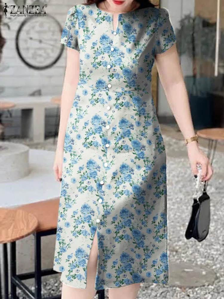 

Women Floral Print Sundress Casual Short Sleeve Midi Dress ZANZEA Elegant Slit Fornt Chic Dresses 2024 Summer Single Breast Robe