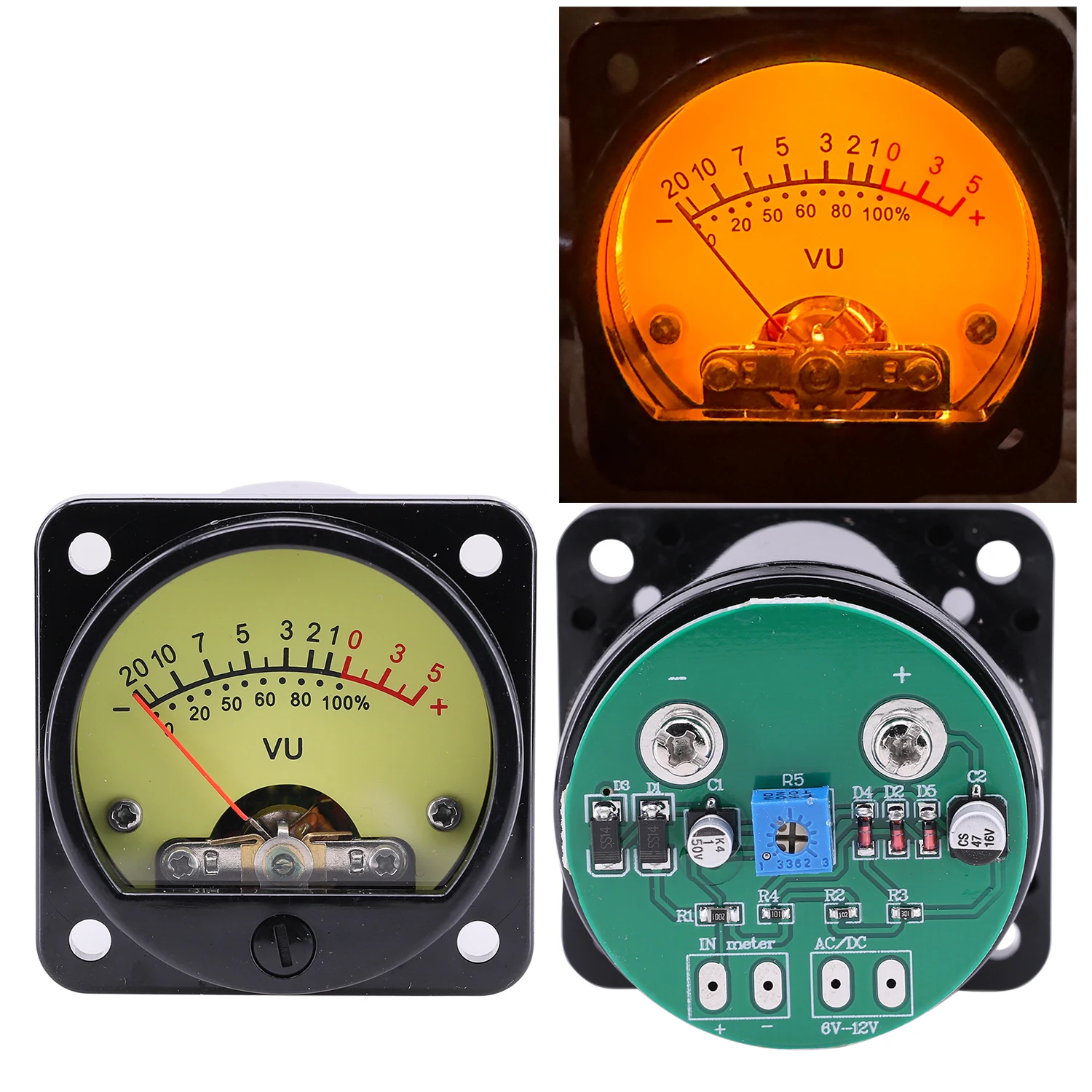 드라이버 보드가있는 2PCS VU 미터 오디오 레벨 표시기 AC/DC 6-12V 45mm 패널 VU 미터 500VU LED 백라이트 오디오 레벨 앰프