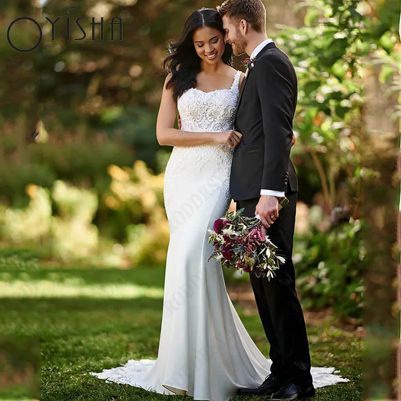 

Oyisha Spagehtti Straps Mermaid Vestido De Novia Bohème Square Collar Sleeveless Bridal Party Backless Appliques Wedding Dresses