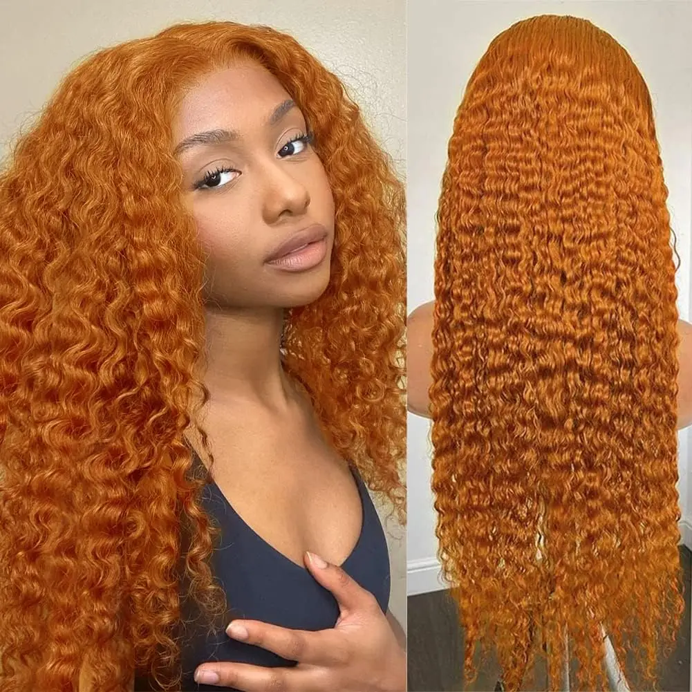 

Orange Ginger Deep Wave Lace Front Wig 30 inches 13x6 13x4 Lace Frontal Human Hair Wig 180 Density Brazilian Curly Glueless Wigs