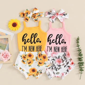 2024-03-09 Lioraitiin 0-18M Cute Baby Girls Summer Clothes Set Sleeveless Letter Print Romper+Frill Trim Flower Shorts+Headband 1