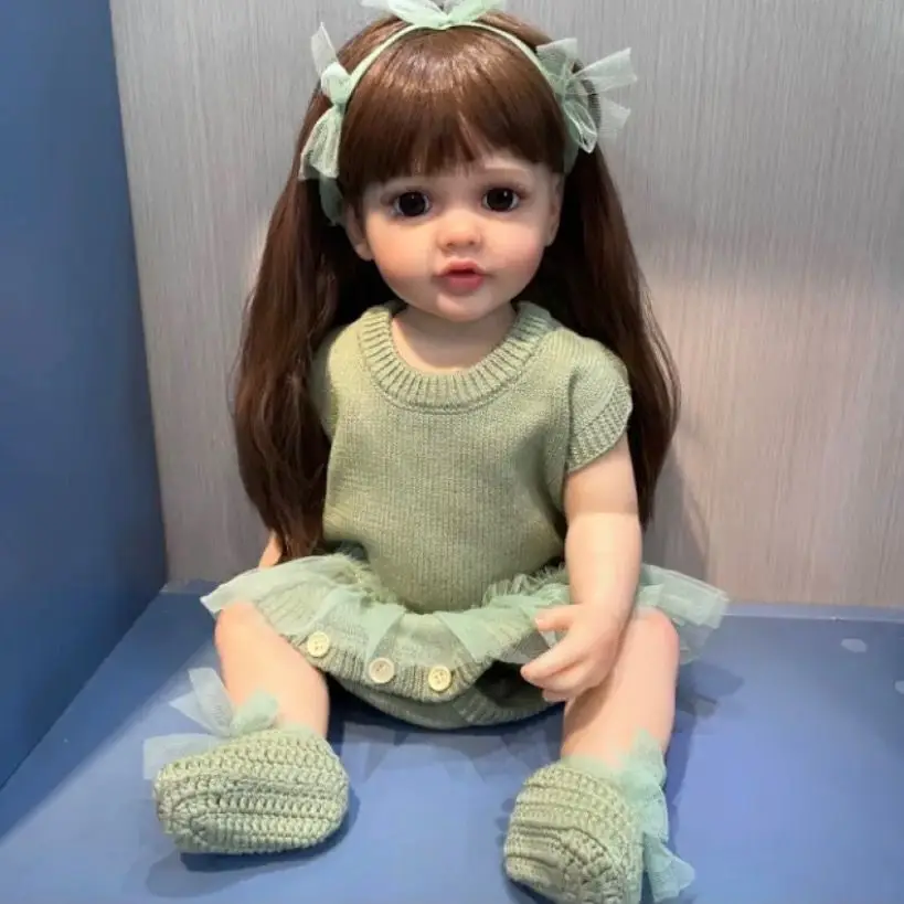

Full Rubber Body Can Enter the Water 55cm Reborn Simulation Doll Wig Set Green Jumper Girl Body Children's Day Gift