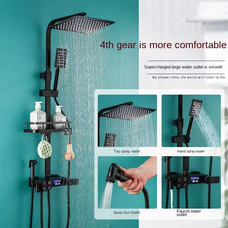 Luxury Black Gold Digital Shower Set Thermostatic Shower System Rainfall Spa Shower Head Brass Bathtub Faucet Digital Shower Set 3