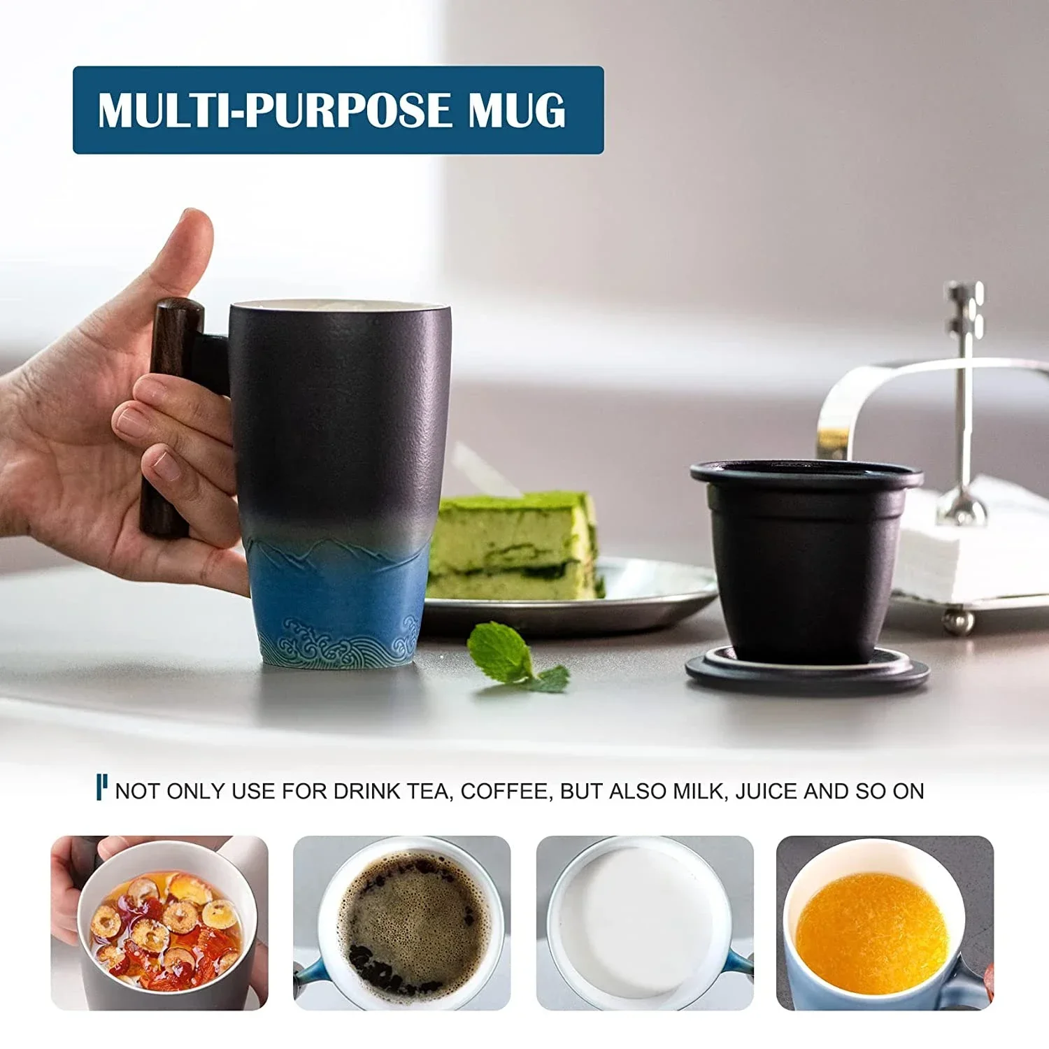COOLPEI Tazza Da Tè In Ceramica Con Infusore E Coperchio - Manico In Legno, Filtro In Acciaio Inox, Design Con Giada Ispirata Alla Natura, Regalo Personalizzato