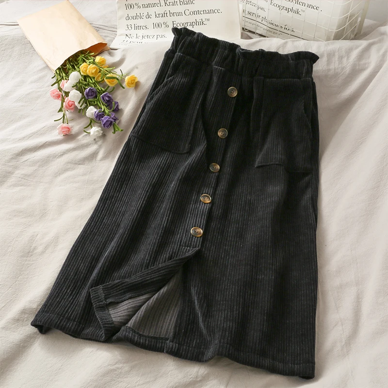 2021 spring Corduroy Women's Skirts Vintage High Waist Button Fashion Office Lady Casual Slim Women's Long Skirt Female