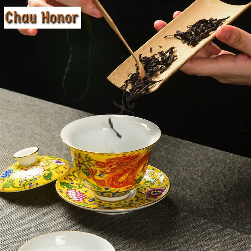 200ml Chinese Ceramic Gaiwan Teacup Handmade Enamel Tea Tureen Boutique Tea Bowl Porcelain Teaware Accessories Drinkware Gifts