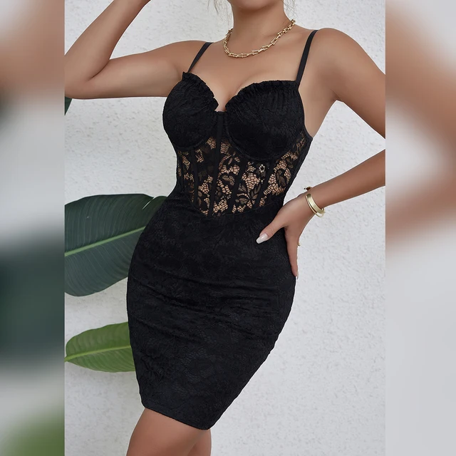 Black Sleeveless Backless 2024 Y2k Skirt Crop Floral Lace Sexy Hollowing Mesh See Through V-Neck Bodycon Hotsweet Party Dress 5