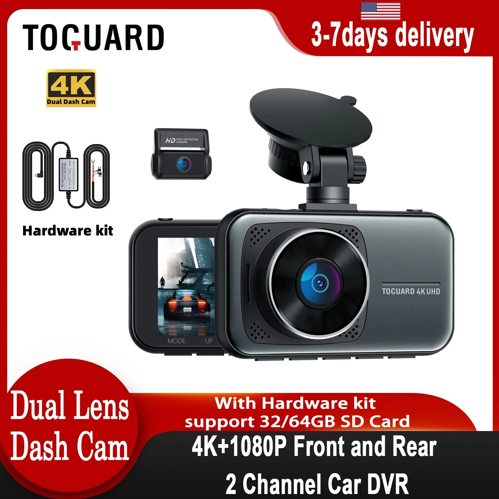 TOGUARD 4K Dual Dash Cam for Cars UHD 2160P+1080P Front and Rear Dash  Camera, 3 Display Car Dashboard Camera Battery Drive Recorder Parking Mode