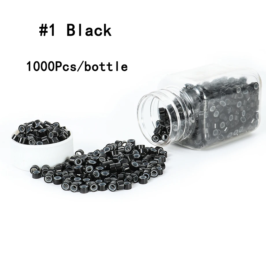 헤어 익스텐션 마이크로 링 체인 비즈, 5mm 실리콘 안감 비즈, 인모 연장 살롱 도구, 블랙 다크 브라운 금발, 1000 개