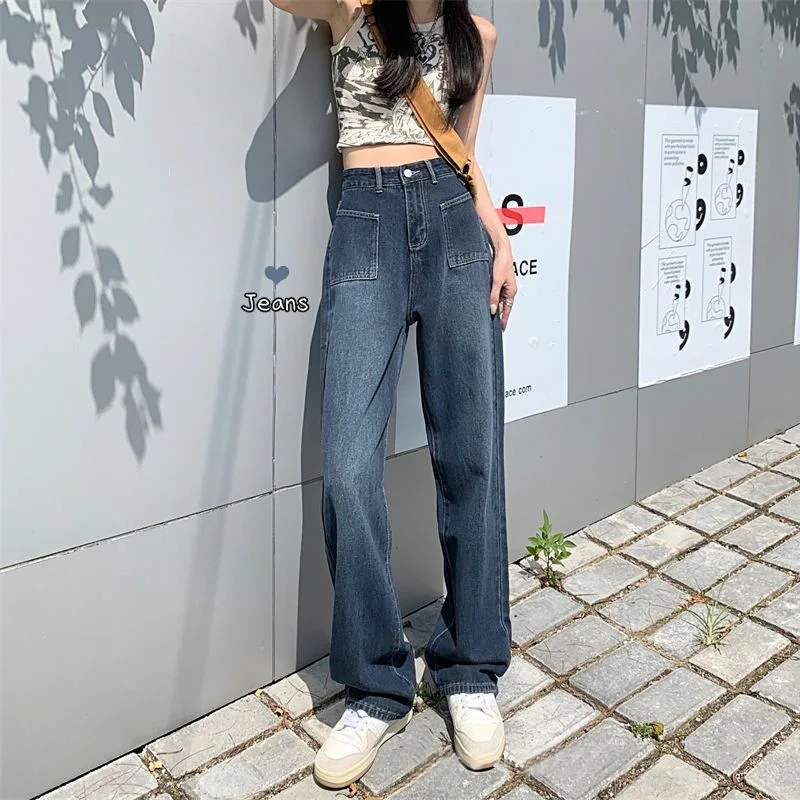 

Stylish Full Length Jeans Women High Waist Casual Loose Blue Grey Denim Pants Streetwear Baggy Jeans Female Clothing