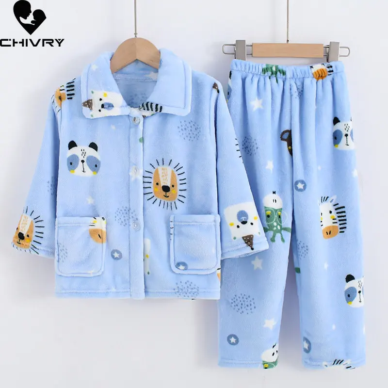 

New 2022 Kids Flannel Pajama Sets Autumn Winter Boys Girls Warm Cartoon Lapel Tops with Pants Baby Pyjamas Sleepwear Clothing