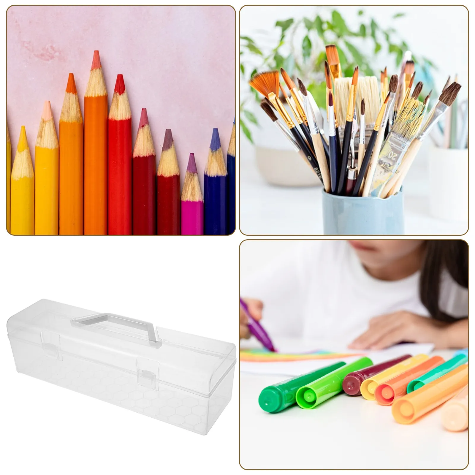 투명한 휴대용 보관 상자 두꺼운 플라스틱 손잡이 뚜껑 그림 붓 연필 케이스 네일 헤어 액세서리 정리함 수채화 물감 보관함