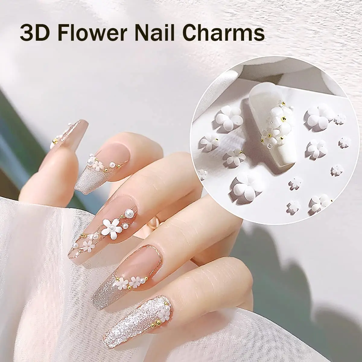 6grids White Acrylic Flower Nail Art Decoration 3d Resin Flora