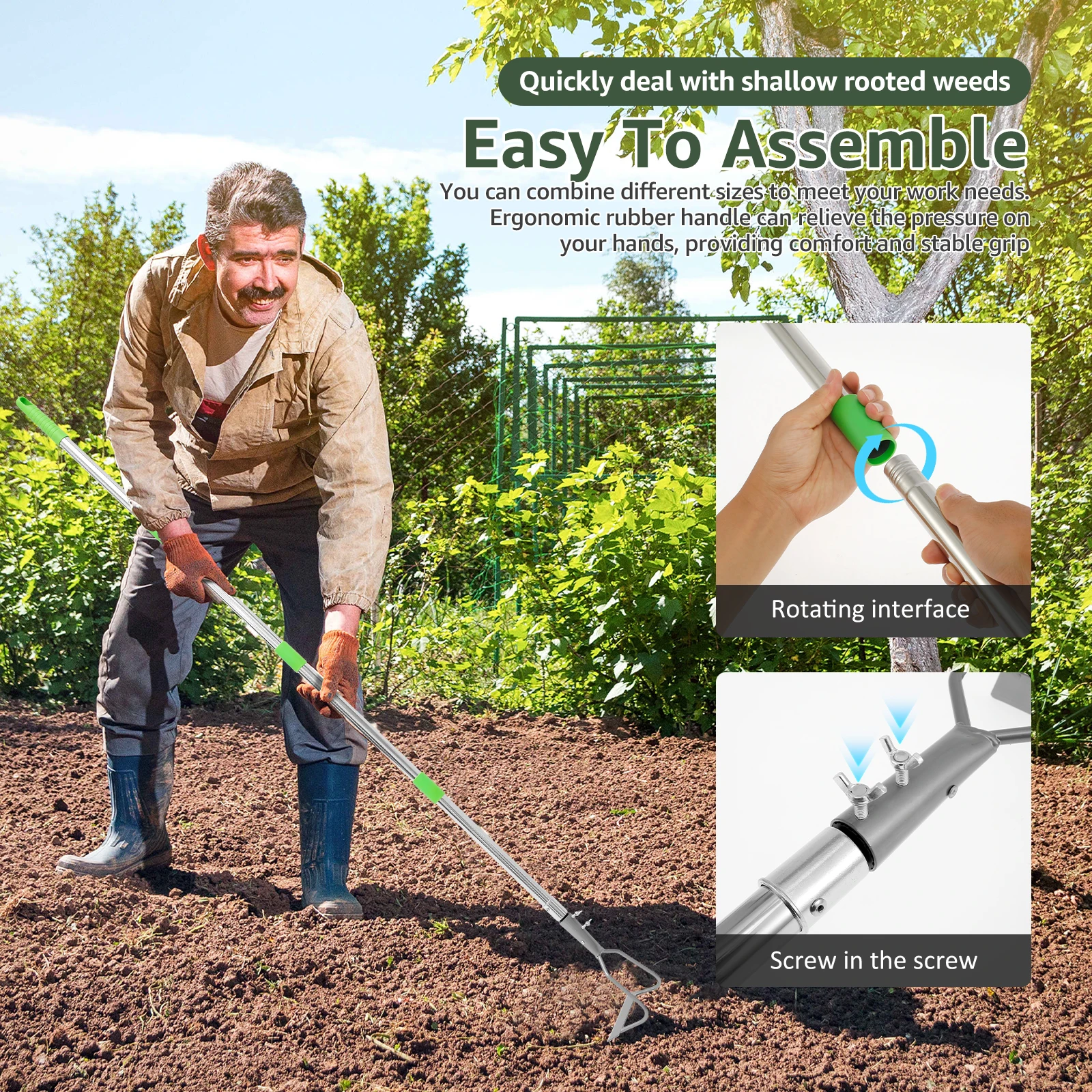 Adjustable Weeding Hoe with 63inch Handle Carbon Steel Gardening Hoe Multipurpose Garden Tool for Weeding Ditching Digging