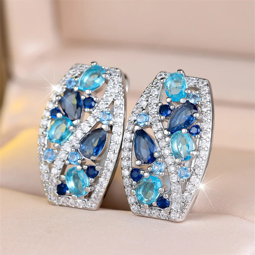 Aqua Blue Crystal Water Drop Stone Hoop Earrings For Women Vintage Silver Color Geometric Ear Buckle Wedding Jewelry Bridal Gift