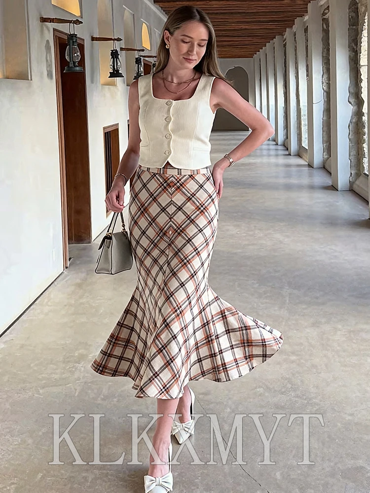 Women Vintage Printed Midi Skirt 2026 New Fashion Plaid Elegant Party Long Skirt Lady High Street Casual Skirts Mujer ﻿