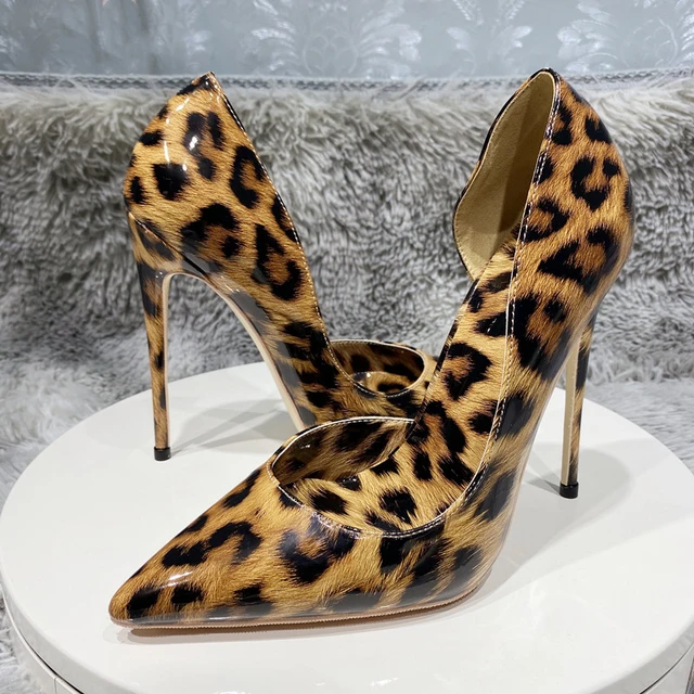 Women Heels Leopard Patent Leather Pumps Pointed Toe Stiletto Ultra High Heel Sexy Ladies Party Shoes White Leopard 12cm / 5