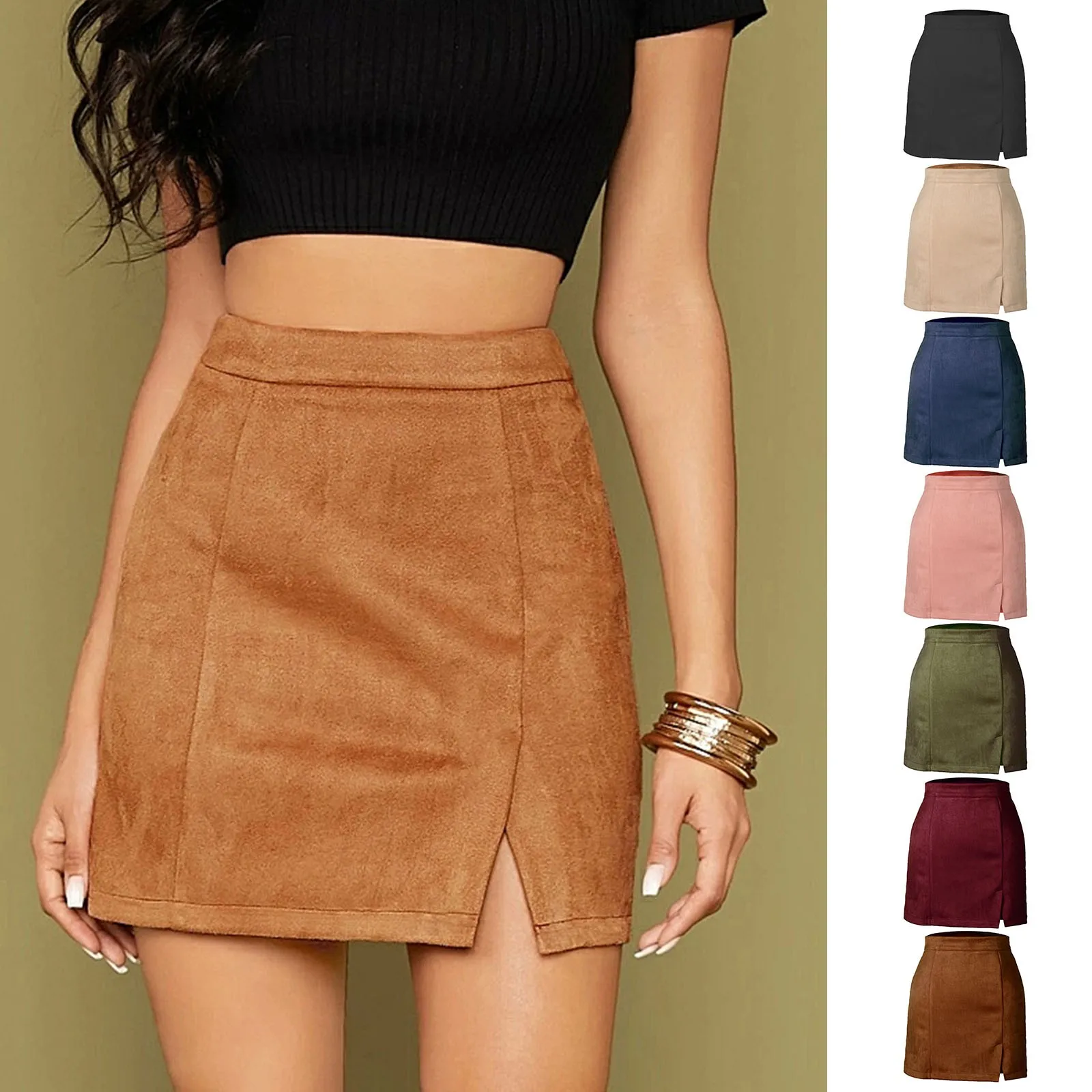 

Woman Suede Zipper Bandage Slim Sexy Mini Autumn Winter New Korean High Waist Casual Solid A-line Slits Brown Bodycon Skirts