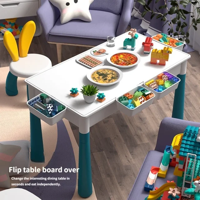 ToylinX Children's Building Blocks Table Desk and Chairs Set Kids Activity Table, Building Blocks Table Toy Gift for Toddlers 6